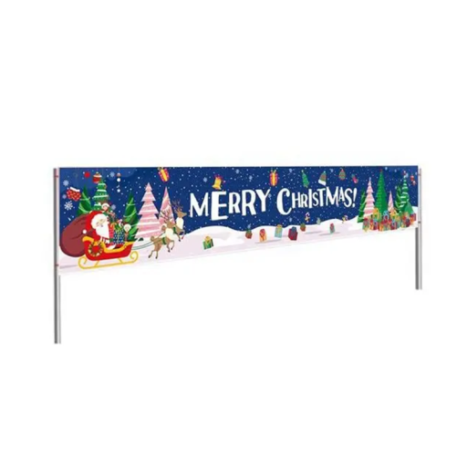 Świąteczny banner zewnętrzny 240 x 40 cm Święty Mikołaj w saniach z reniferami Zasypana śniegiem nocna sceneria Dekoracja na płot, dom i ogród
