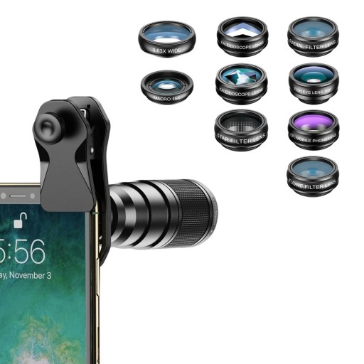 Σύνολο φακών για κινητό 10 σε 1 Τηλεφακός 22x Φακός ψαριού 198° Ευρυγώνιος 0,63x Μακρο 15x και 6 φίλτρα Οπτικό γυαλί Μαύρο για iOS και Android