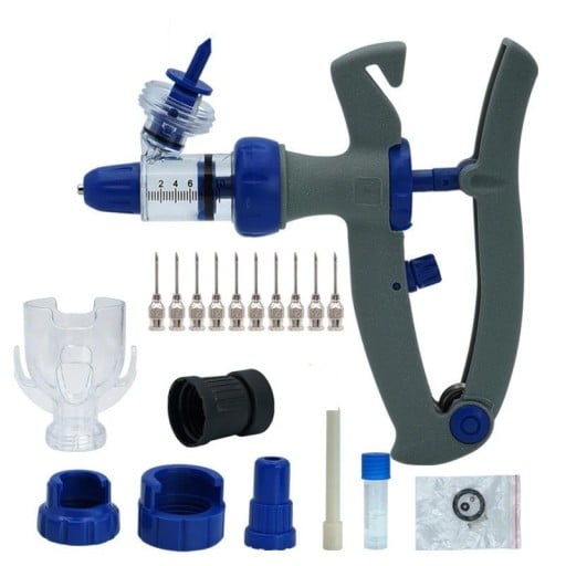 Syringe automatique de vaccination 10 ml piston sphérique en acier poignée en polymère connexion à flacon jusqu'à 100 ml pour animaux de ferme