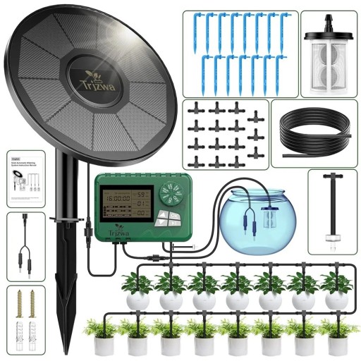 Système d'arrosage automatique solaire avec minuterie LCD Trizwa 3W pour jusqu'à 15 pots de fleurs Arrosage goutte à goutte extérieur et intérieur