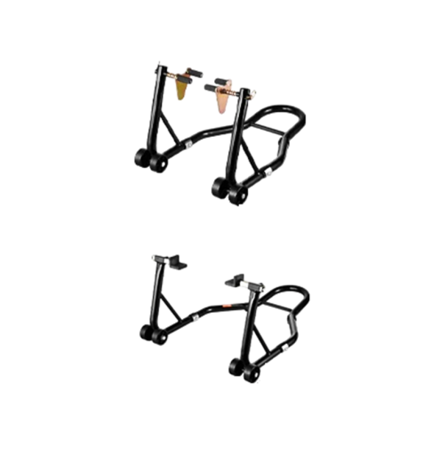 Système de béquilles avant et arrière pour moto capacité 385 kg dimensions 770 x 590 x 350 mm et 680 x 450 x 350 mm noires pour entretien