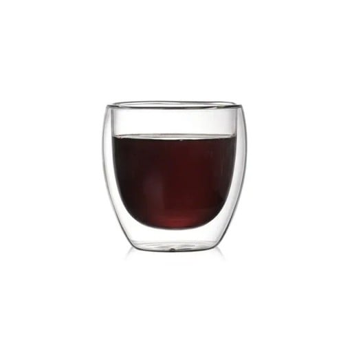 Szklany kubek z podwójnymi ściankami 80 ml. Odporny na ciepło kubek bez uchwytu. Mały kubek termiczny do espresso i kawy. Elegancki, przezroczysty