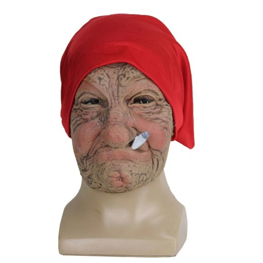Szórakoztató latex maszk füstölgő nagymamával ráncos arccal és piros sállal cosplay Halloween karnevál parti jelmez kellék 53-65cm