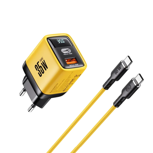 Szybka ładowarka GaN 35 W z wyświetlaczem LED, wtyczka USB C i USB A EU, podwójny kabel USB C, 60 W PD, podwójne wyjście, ładowanie dwóch urządzeń