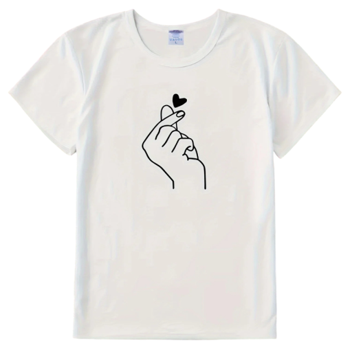 T-shirt com estampado de mão e coração Manga curta Decote redondo Design minimalista Top de estilo de vida para lazer Camiseta feminina de moda