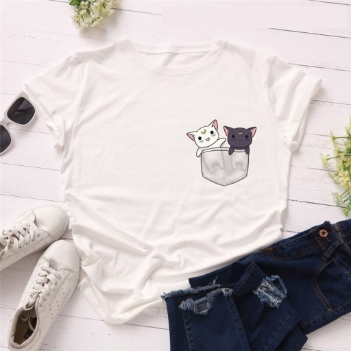 T-shirt dam med katttryck B289