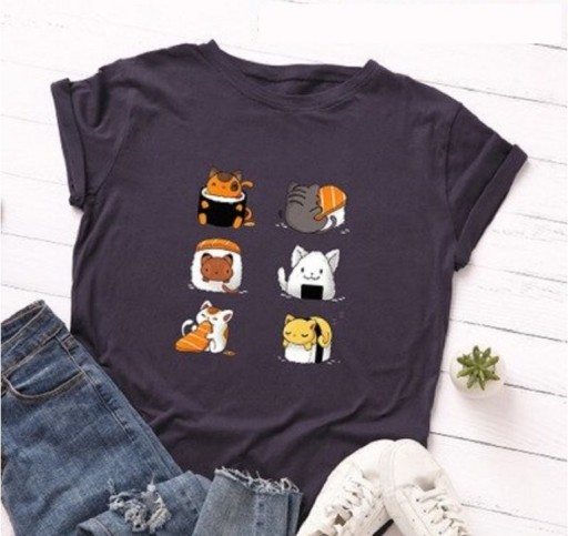 T-shirt dam med sushi och katttryck