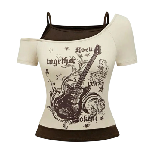 T-shirt med rockguitarprint Todelt design med stropper Asymmetrisk snit Original stil til koncerter Festivalmode