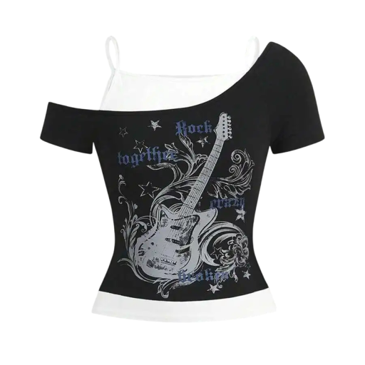 T-Shirt mit Rockgitarren-Print Zweiteiliges Design mit Trägern Asymmetrischer Schnitt Origineller Style für Konzerte Festivalmode