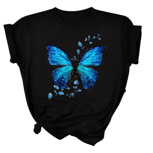 T-shirt noir à manches courtes pour femme Papillon bleu pailleté Haut élégant avec imprimé Coupe confortable pour l’été Tenue décontractée au quotidien