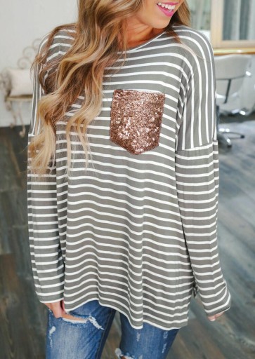T-shirt rayé pour femmes avec poche en sequins
