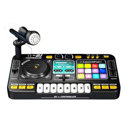 Table de DJ pour enfants avec effets lumineux 35,5 x 21 x 9,5 cm Panneau de mixage musical avec touches éclairées, platine tournante et microphone