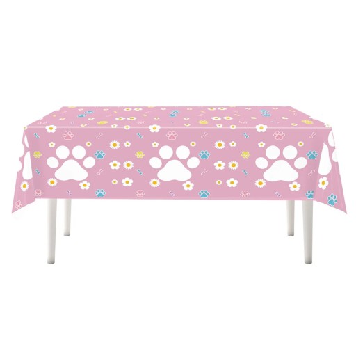 Tablecloth 137 × 274 cm Pink Tablecloth with Paw and Flower Motif Decorative Party Tablecloth for Children's Celebration