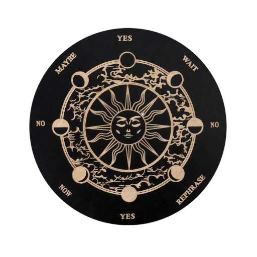 Tablette de divination en bois pendulaire 15 cm Plaque ésotérique avec le symbole du soleil et des phases lunaires Outil pour travailler avec le pendule