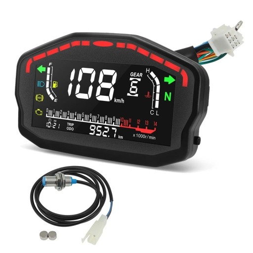 Tachometru digital pentru motociclete 16,5 x 9,3 x 4,2 cm ecran LCD Odometrie Ceas Semnale Transmisie Indicator de combustibil IP65 Rezistent