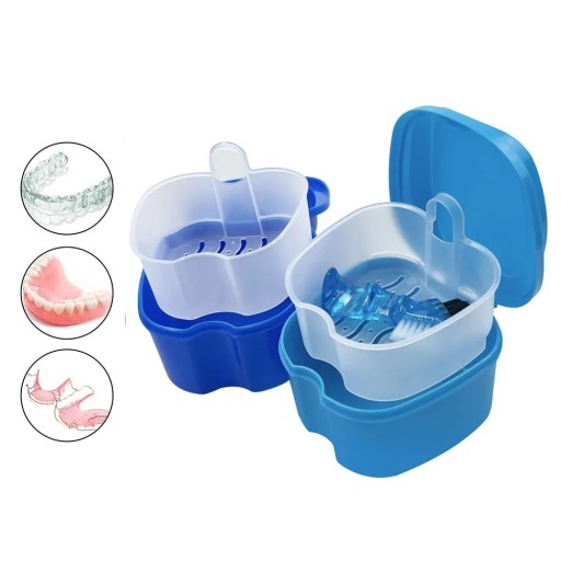 Tandprothesehouder met deksel 8,5 x 8 x 6,5 cm plastic gekleurd voor het bewaren van protheses en beugels thuis en onderweg