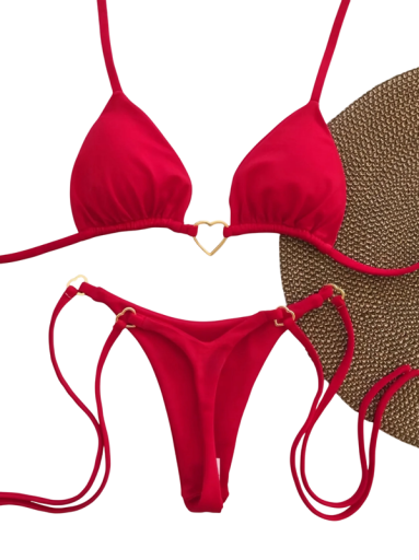Tanga bikini avec haut triangulaire et cœur en métal Maillots de bain minimalistes pour femmes avec lien Sexy tenue de plage