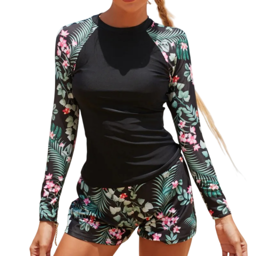 Tankini pentru femei cu mânecă lungă și model tropical set din poliester și elastan pentru plajă și înot