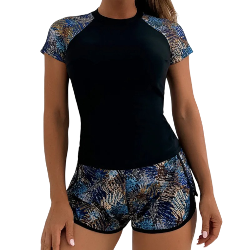 Tankini pentru femei cu mânecă scurtă și pantaloni scurți cu model, set din poliester și elastan pentru plajă și înot