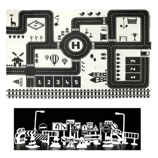 Tapete de Atividades Infantil 83x57 cm Tapete de Espuma Macia Mapa da Cidade Estradas Parque de Estacionamento Sinais de Trânsito Tapete de Escalada