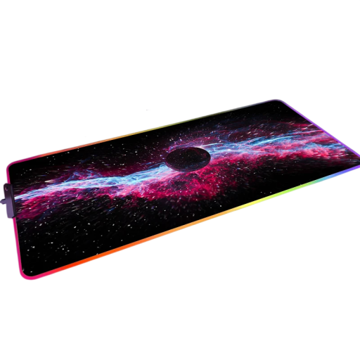 Tapete de jogo para rato e teclado com retroiluminação LED dimensões 250 x 350 x 3 mm com motivo de galáxia preto rosa azul para jogadores de PC