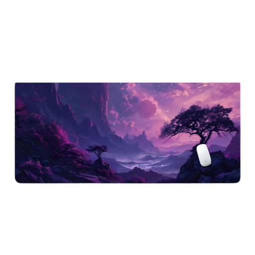 Tapis de souris et de clavier 400 x 900 x 4 mm Motif japonais Paysage violet avec montagnes et arbres Grand tapis de bureau pour PC et ordinateur portable