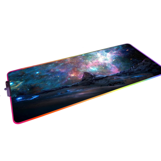 Tapis de souris et de clavier de jeu avec éclairage LED 300x800x4 mm avec motif spatial et rocher bleu violet rose