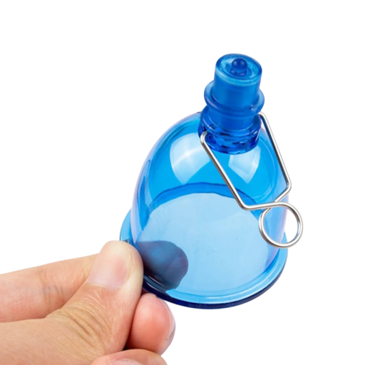 Tapón de succión azul para fundas de silicona para pene talla L con gancho para fijación por tensión, embalaje discreto.