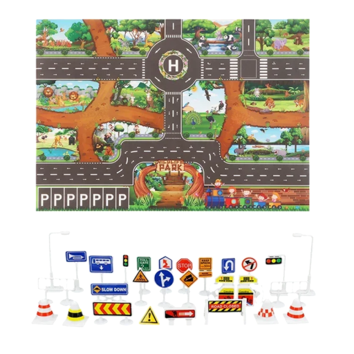 Tappetino da gioco per bambini 83 x 57 cm Mappa delle strade e trasporto urbano Tappeto morbido con parcheggio e segnali stradali Tappetino