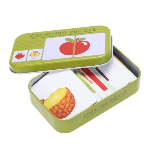 Tarjetas cognitivas para bebés en caja de hierro Tarjetas educativas ilustradas con frutas Juego de desarrollo para los más pequeños