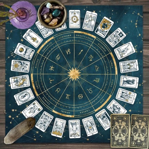 Tarot kárty mintás terítő 75 x 75 cm Kártyaolvasáshoz készült anyag 12 csillagjeggyel Meditációs oltárpadló Különböző színek