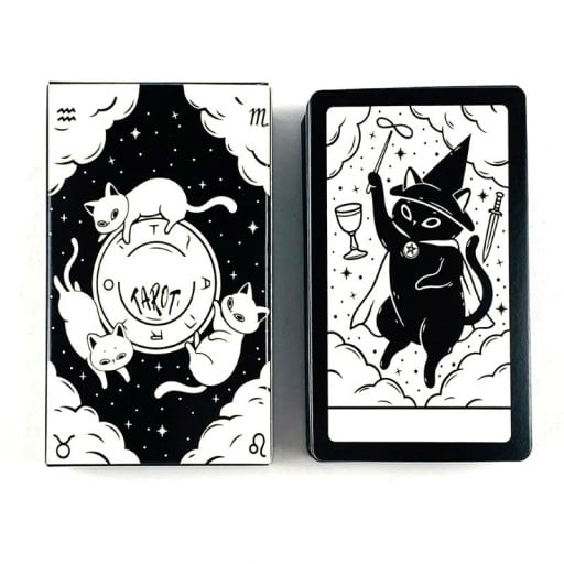 Tarotové karty roztomilé mačky veštecké vydanie 10,5 x 6,2 cm papierové čiernobiele ilustrácie pre výklad kariet a hracie použitie