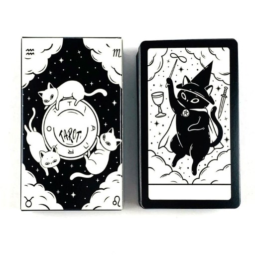 Tarotowe karty urocze kotki wróżebne wydanie 10,5 x 6,2 cm papierowe czarno-białe ilustracje do wróżenia i gry