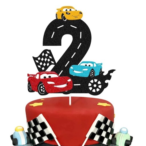 Tårtdekoration med nummer 2 Racing-tema Vägflagga Start Mål Färgglatt fordon Födelsedagsfest Temadekering