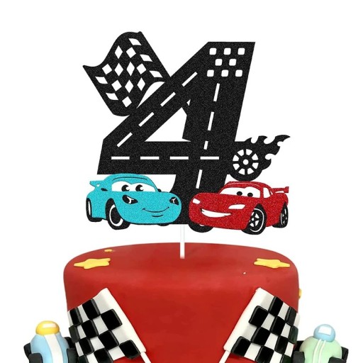 Tårtdekoration med nummer 4 Racing-tema Vägflagga Start Mål Färgglad fest Barnfödelsedag Tema tårtdekoration