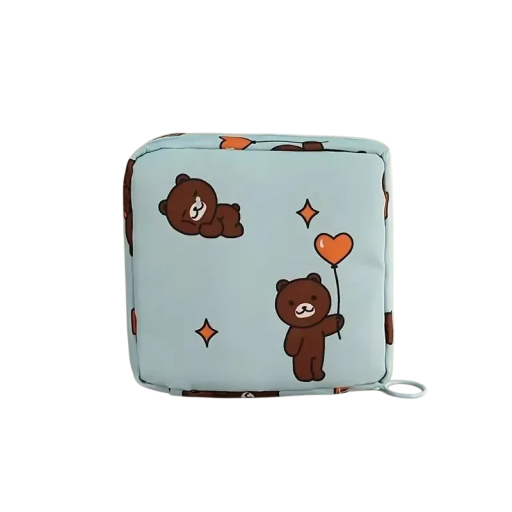 Taška na dámské hygienické vložky a tampony 12 x 12 x 4 cm Vodotěsný úložný sáček na zip Tkaninové modré pouzdro s kresleným motivem medvídků