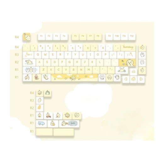 Tastenkappen-Set Cartoon-Motiv 95 Stück PBT MOA-Profil cremegelb weiß Keycaps für mechanische Tastaturen, Gaming und Büro