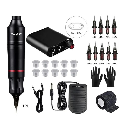 Tattoo Set with Wireless Machine, Power Supply, Power Cable, 10x Tattoo Cartridges and Other Accessories 15.5 x 2.7 cm