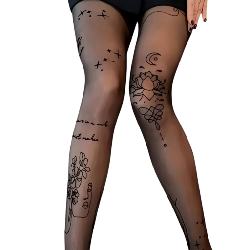 Tattooed Tights for Women with Floral and Mystical Motifs, High Waist, One Size, Silk Knit, for Daily Wear
