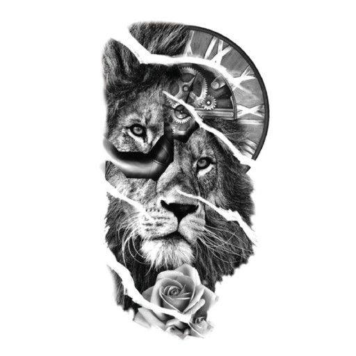 Tatuagem temporária à prova de água 21 x 11,4 cm Leão com leoa, rosa e relógio romano Motivo animal Aplicação fácil Tatuagem durável Símbolo de força e tempo
