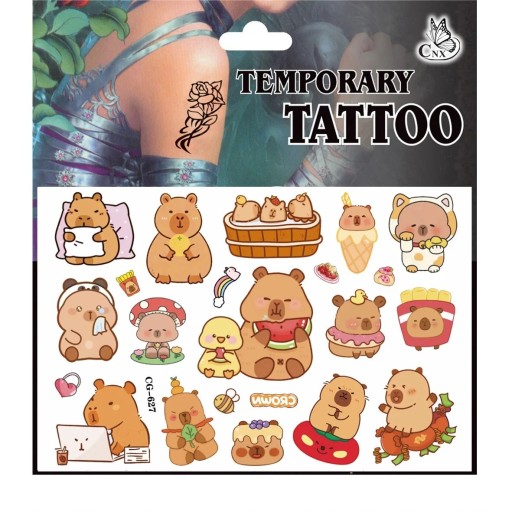 Tatuaggi temporanei per bambini Kapybara con dolci e dessert Tatuaggi carini di capibara con anguria gelato patatine e torta