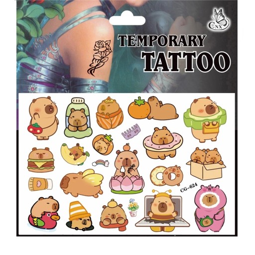 Tatuaggi temporanei per bambini Kapybara Mix di design Tatuaggi carini di capibara con cibo e accessori Tatuaggi adesivi colorati per bambini