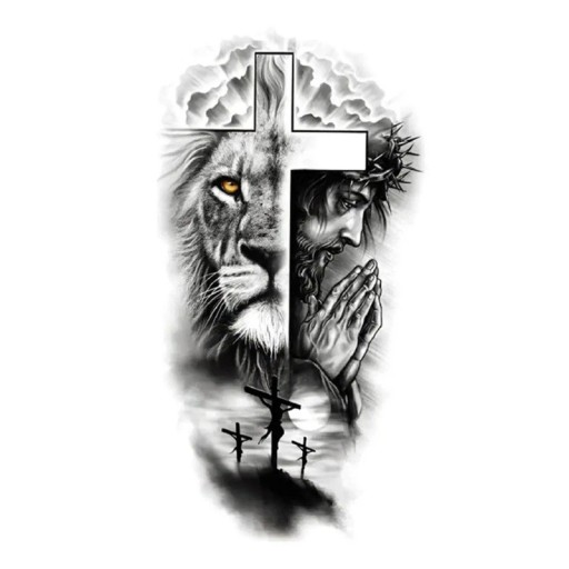 Tatuaggio temporaneo impermeabile 21 x 11,4 cm Leone, croce e Gesù Motivo religioso Facile applicazione Tatuaggio resistente Simbolo di fede e forza
