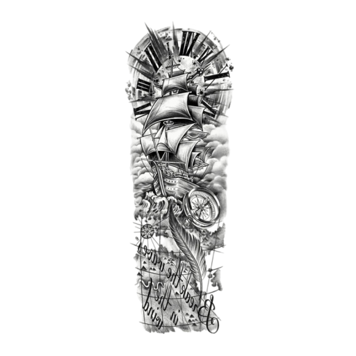 Tatuaggio temporaneo impermeabile a manica 48 x 17 cm Barca Bussola Mappa Stile moderno e robusto Motivo realistico Durata fino a 15 giorni Applicazione facile