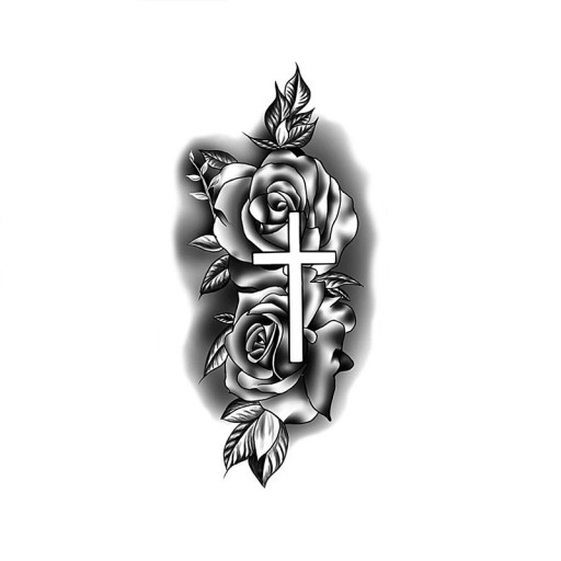 Tatuaj temporar impermeabil 11,5 x 21 cm Trandafir și cruce Motiv simbolic realist Durează până la 15 zile Aplicare ușoară Tatuaj corporal