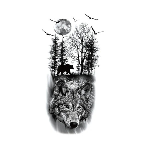 Tatuaj temporar impermeabil 21 x 11,4 cm Motiv lup pădure urs lună Autocolant tatuaj Natură sălbatică Decor elegant pentru corp