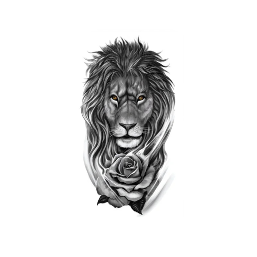 Tatuaje temporal impermeable de león con rosa, 21 x 11,4 cm, tatuaje corporal de larga duración, arte de tatuaje de león, tatuaje falso