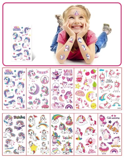 Tatuaje temporare 10 foi 12 x 7 cm Unicorns cu curcubeie și stele Autocolante de tatuaj pentru copii pe piele