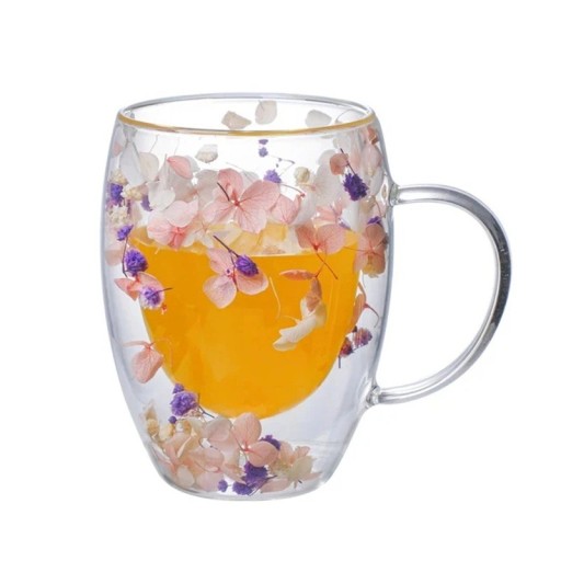 Taza de café de vidrio de doble pared de 350 ml con asa Taza de té decorativa con flores Taza transparente con pétalos rosa blanco morado