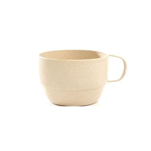 Taza para té y café con asa Volumen aproximadamente 250 ml Material de paja y plástico Superficie suavemente salpicada de puntos Forma ancha